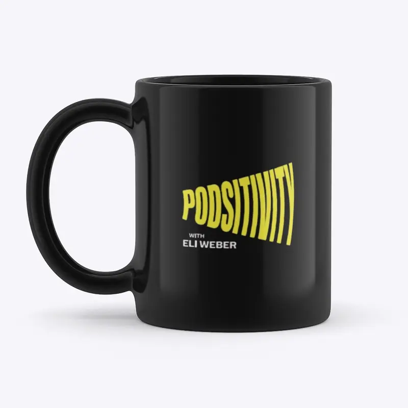 black mug with Podsitivity Podcast logo